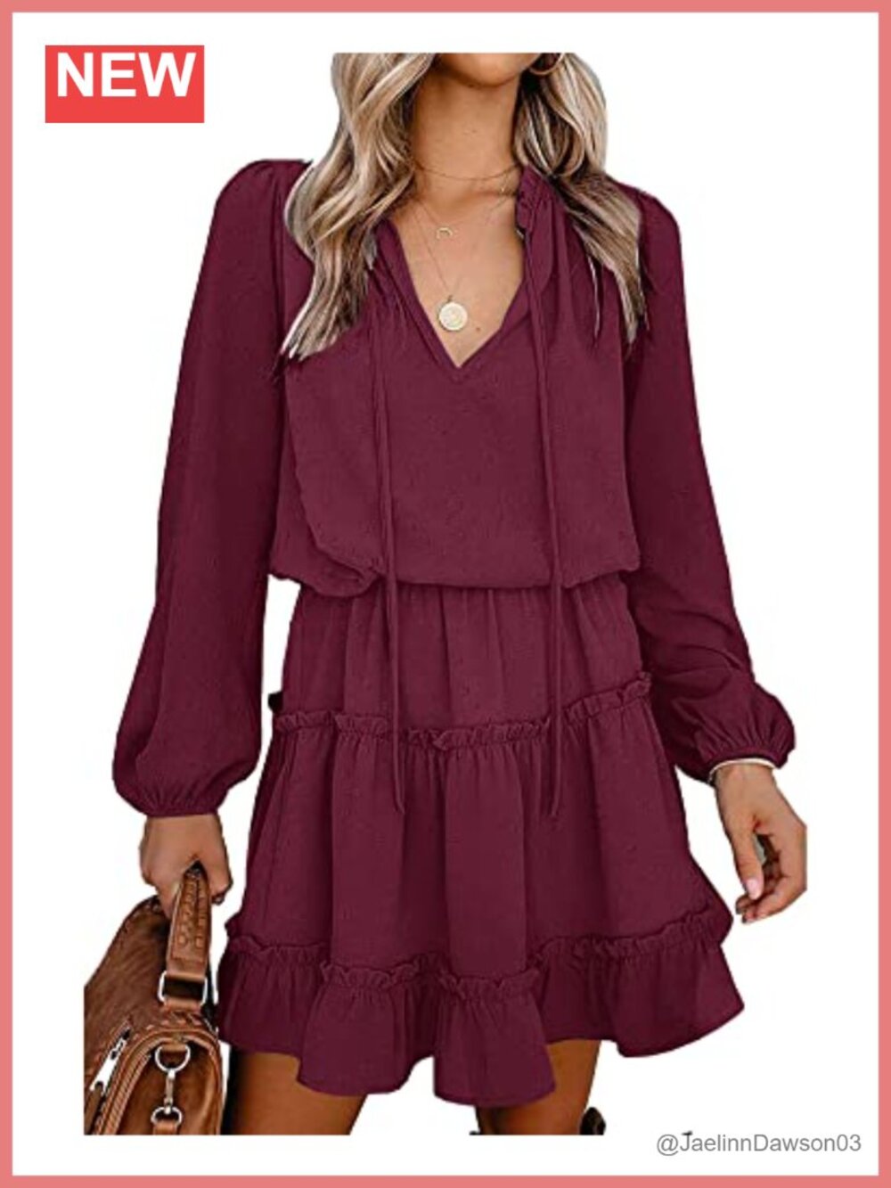 Long Sleeve Tie V Neck Ruffle Tiered Mini Dress A-Line Swiss Dot